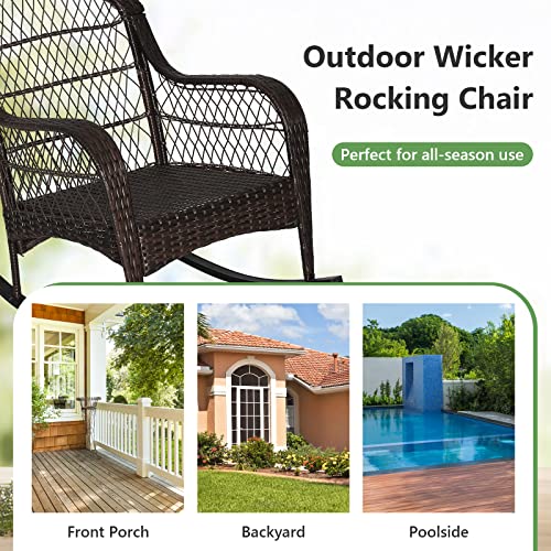 Outdoor Wicker Rocking Chair, Patio Rattan Rocker w/Lumbar Pillow, Padded Seat & Back Cushions, Metal Frame, Mix Brown Wicker Furniture for Balcony, Porch, Deck, Backyard (Off White)