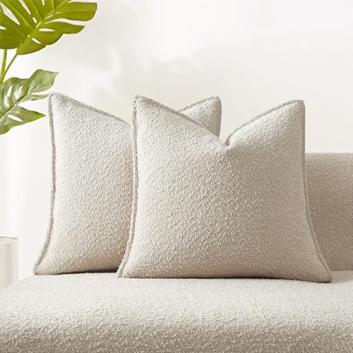 Set of two beige boucle textured throw pillow covers, view 2