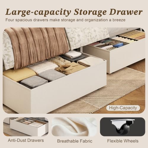 Queen Bed Frame with 4 Drawers, Upholstered Headboard with Storage, view 7