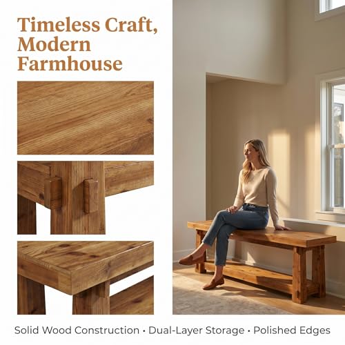 55" Solid Wood Entryway Bench with Shoe Storage, Rustic Wood Grain Shoe Rack Window Bench Seat for Foyer, Hallway, Mudroom, Bedroom, Easy Assembly (Rustic Wood)