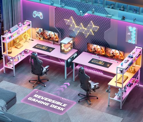 L Shaped Desk Gaming Desk, 59" L Shaped Computer Desk with LED Light & Power Outlet, Reversible Home Office Desk Gamer Desks with Shelves & Storage Bag & Hooks, Corner PC Desk, Pink