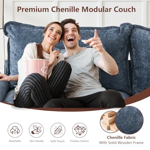 Modular Sectional Sofa, Cloud Couch with Ottoman, Deep Seat L Shaped Chenille Sofa Couches for Living Room Apartment (Blue, L Shaped-3 Seat & Ottoman)