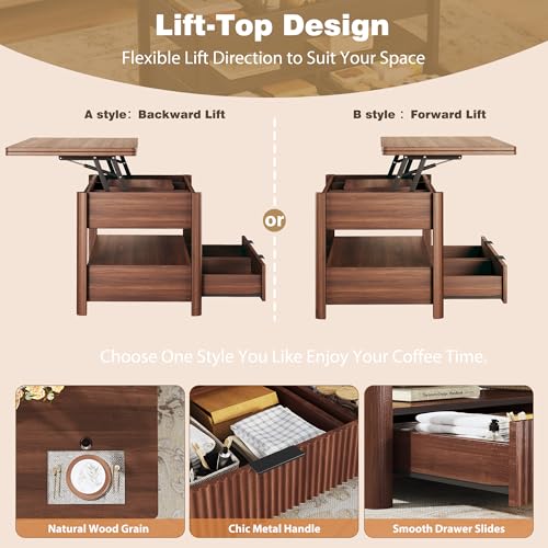 40" Lift Top Coffee Table, 4 in 1 Square Coffee Table with Storage Shelf & 2 Drawers, Modern Coffee Tables with Lift Tabletop, Converts to Dining Table for Living Room, Home Office, Walnut