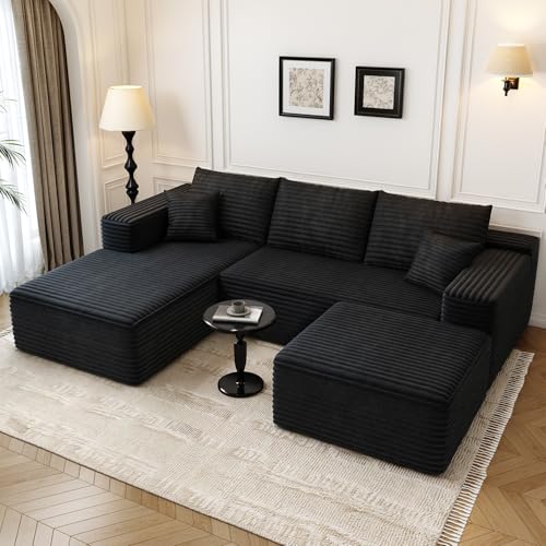 107.5" Cloud Modular Sectional Sofa with 1 Ottoman,Modern Minimalist Upholstered Couches, Comfort U Shaped Sofa for Living Room,Deep Seat Corner Couch,No Assembly Required (Black,Left Facing Chaise)