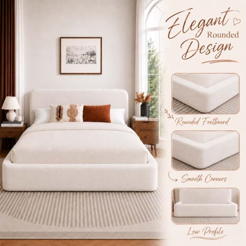 Queen Size Upholstered Bed Frame with Headboard, Cloud Boucle Bed Frame, view 7