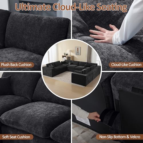 146''Cloud Boneless Sectional Couch, Modular Sectional Sofa Deep Seat, Oversized Upholstered Convertible Comfy 8 Seater Chenille Memory Foam Sofa U Shape Couches for Living Room, Dark