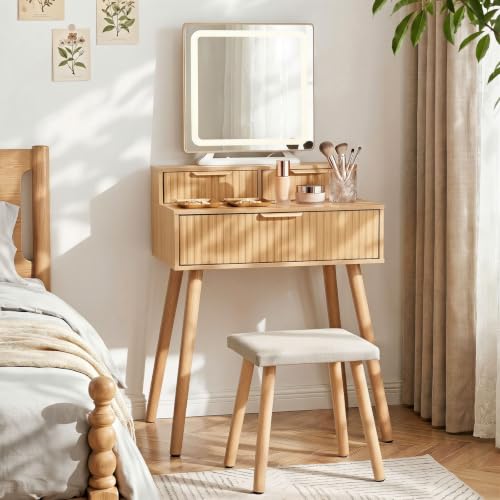 Small Vanity Desk with Lights Mirror, Compact Makeup Vanity Table with Stool, view 2
