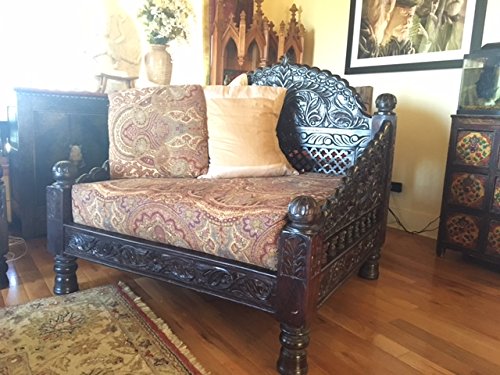 Wooden Carved Jhula Love Seat, Medium Antique Finish. Designed by Worldcraft. Handmade from Solid Indian Neem Wood in Rajasthan, India. (33Dx34Wx42 H)