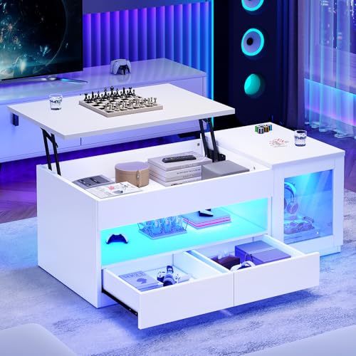 39.4" Lift Top Coffee Table with 2 Drawers, Modern LED Coffee Tables for Living Room, Coffee Table with Glass Storage Cabinet, White