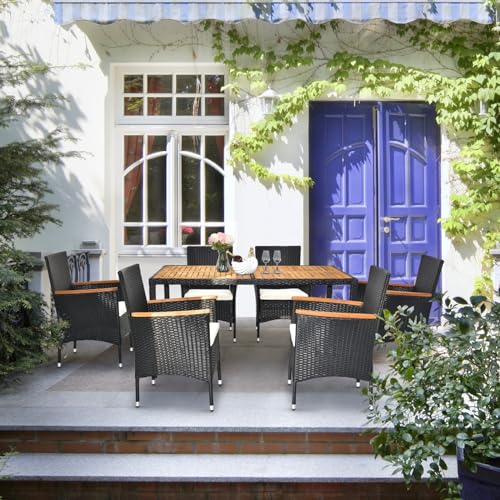 7 Pieces Patio Dining Set, Wicker Outdoor Dining Set for 6 Patio Furniture Set with Acacia Wood Table Outdoor Table and Chairs for Garden and Yard