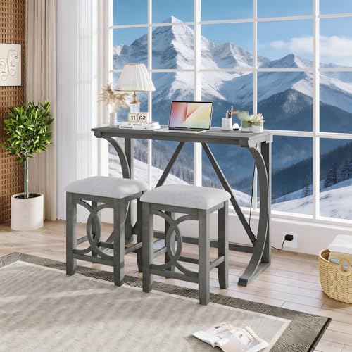 RuiSiSi 3 Piece Counter Height Dining Set, Farmhouse Kitchen Table Set with USB Port and 2 Upholstered Stools, Breakfast Nook Set for Kitchen, Dining Room, Living Room, Grey
