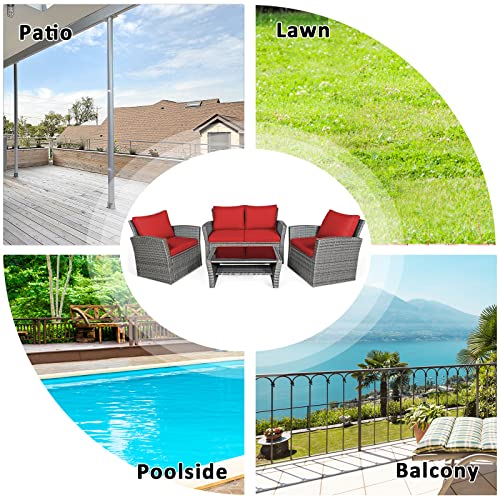 4 Pieces Patio Rattan Furniture Set, Outdoor Wicker Sofa Set with Tempered Glass Coffee Table, Cushions, All Weather Rattan Conversation Set for Yard Balcony Backyard Pool (Red)