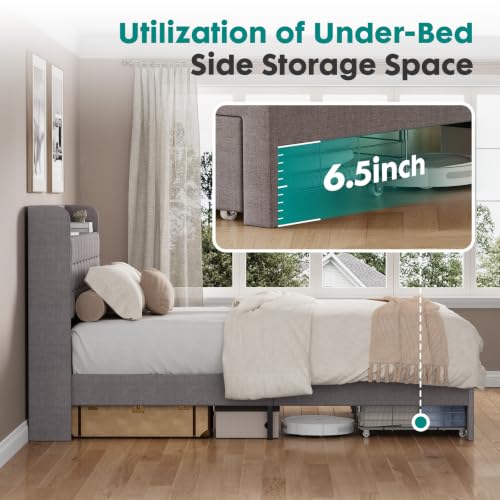 Full Bed Frame, Upholstered Platform Bed Frame with Storage Drawers, view 7