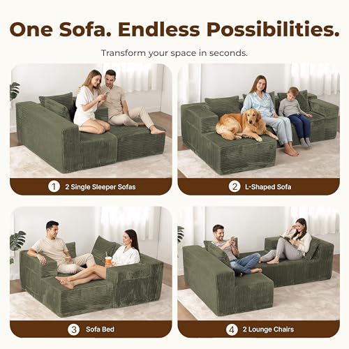 Modular Sectional L-Shaped Sofa with Deep Seat, Modern Boneless Comfy Corduroy Fluffy Couch with Side Pockets and Anti-Slip & Floor-Friendly Bottom for Living Room, No Assembly, Green