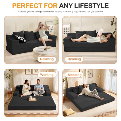 3 Seater Boneless Couch Sofa Bed, 78'' Corduroy Oversized Loveseat Folding Sofas Bed, Compression Convertible Futon Floor Couch Sofa Beds with 3 Pillows for Living Room Bedroom Apartment