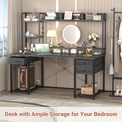 Desk with LED and Outlets, Gaming Desks with Hutch, 55.2'' Computer Desk with Drawers, Reversible Office Desk with Storage Bookshelf Large Workstation with Shelf, Desk for Home, Black Oak