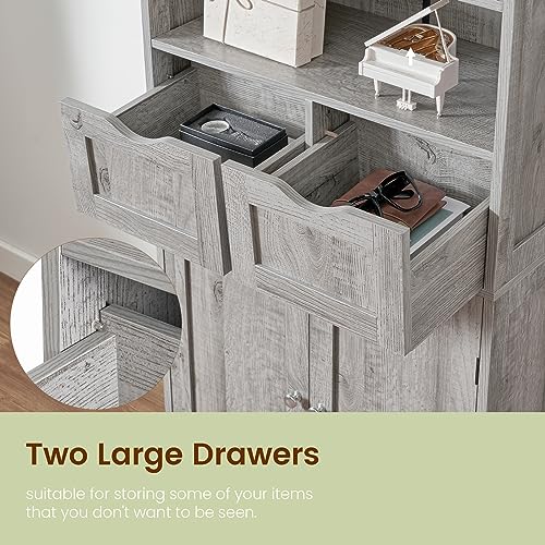 Storage Cabinet with 2 Drawers & Adjustable Shelf, Tall Bathroom Cabinet with Doors, Cupboard, Kitchen Cabinets for Living Room, Dining Room, Entryway, Grey