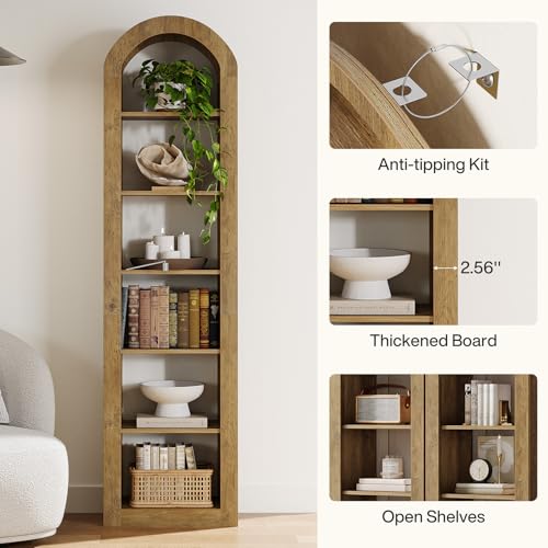 74.8" Tall Arched Bookshelf, 6-Tier Narrow Open Bookcase, view 7