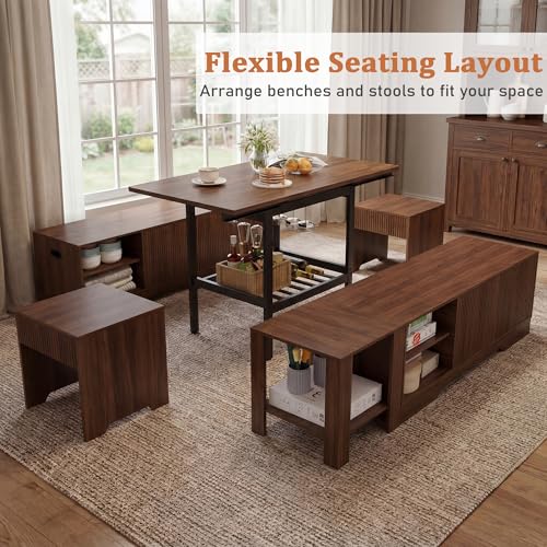 Extendable 6-Piece Breakfast Nook Set with Storage Benches & Stools, Corner Dining Table Set with Wine Glass Holder, Space-Saving Kitchen Table for Indoor/Outdoor Use (Walnut)