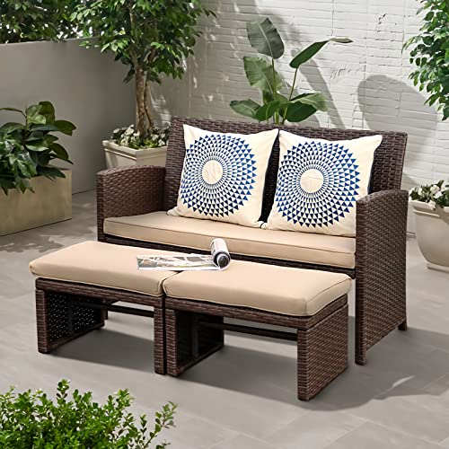 Outdoor Loveseat 3 Piece Patio Furniture Set Outdoor Conversation Set All-Weather Wicker Love Seat with Ottoman/Side Table, Brown Rattan, Beige