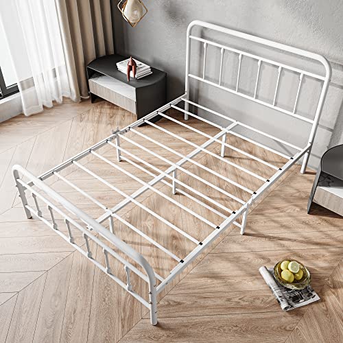 Full Size Bed Frame with Headboard and Footboard Vintage Metal White, view 8