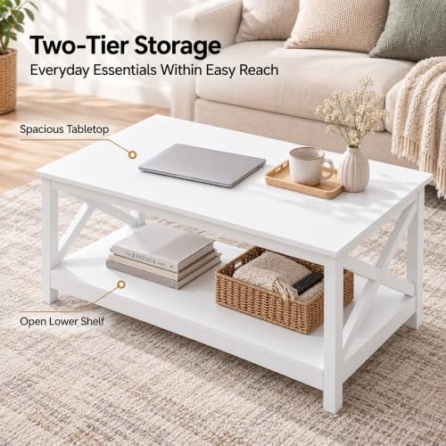 White Coffee Table for Living Room, X-Design Storage Shelf, 39.5", view 7