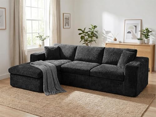 105" Boneless Couches for Living Room, Sectional Couches Modular Sofa with L-Shaped Chaise, Memory Foam Comfy Cloud Couch with Plush Corduroy Fabric, No Assembly Required, Black