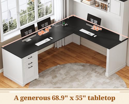 Farmhouse L Shaped Desk with Hutch and 3 Drawers, 68.9" Executive Office Desk with File Drawer and Power Outlet, Corner Computer Desk with Storage Shelves for Home Office, White
