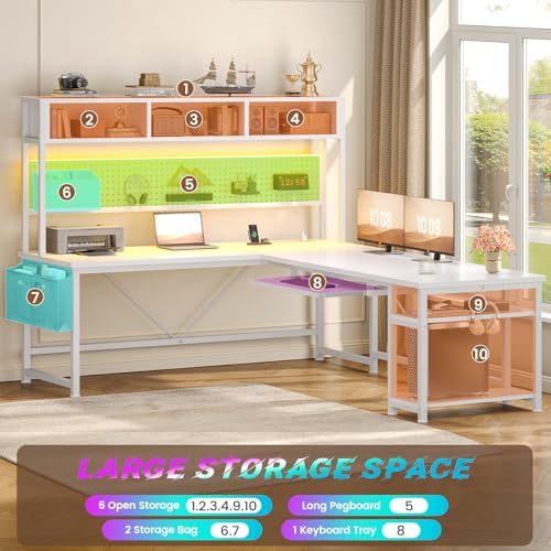 White L Shaped Gaming Desk with Hutch, Power Outlet and Pegboard, view 7