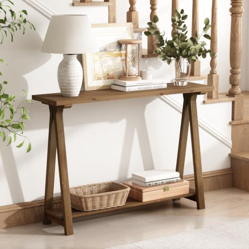 43" Solid Wood Farmhouse Console Table for Living Room, Natural | Rustic Hallway Stand for Entryway, 2-Tier Sofa Storage Unit