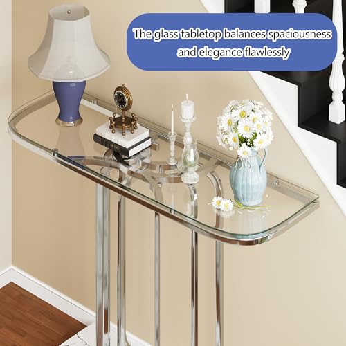 43" Modern Glass Console Table with Curved Chrome Frame & Faux Marble Base, Silver Narrow Sofa Table for Entryway, Living Room, Hallway, Home Office