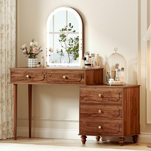 Walnut, Vanity Desk with Mirror and Lights, view 2