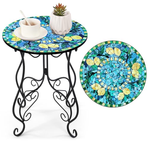 14 Inch Lemon Small Outdoor Patio Side Table Lemon Round Mosaic Side Table Accent Indoor End Plant Metal Coffee Tea Furniture for Yard Porch Garden Living Room Bedroom