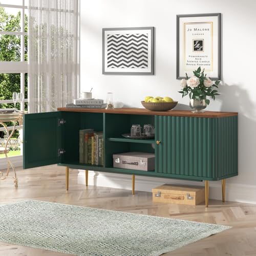 55” Fluted TV Stand, Mid Century Modern Green TV Stand for 55/60/65 inch TV, Entertainment Center with Storage, Television Stands, TV Console, Media Console for Living Room, Bedroom (Green)