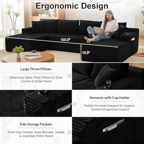 134" Modular Cloud Couch Sectional, U-Shaped Boneless Sleeper Sofa with Side Pockets & Cup Holders, Oversized 4-Seater Modern Deep Seat Corduroy Couch for Living Room, No Assembly Required, Black