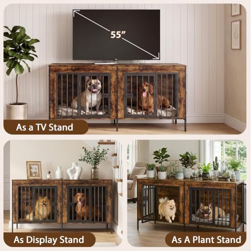 55" Wooden Double Dog Crate Furniture, Removable Divider, Brown, view 8