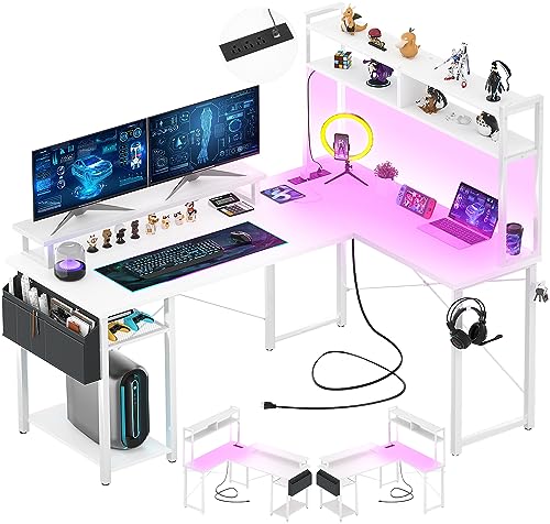 Small L Shaped Desk Gaming Desk with LED Lights & Power Outlets, view 2