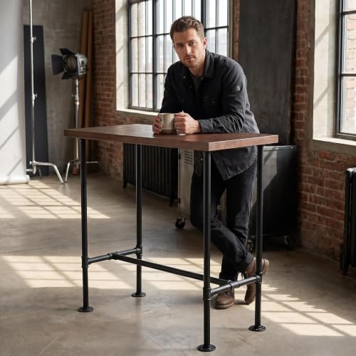 Brown industrial pipe wood and metal bar dining table, view 7