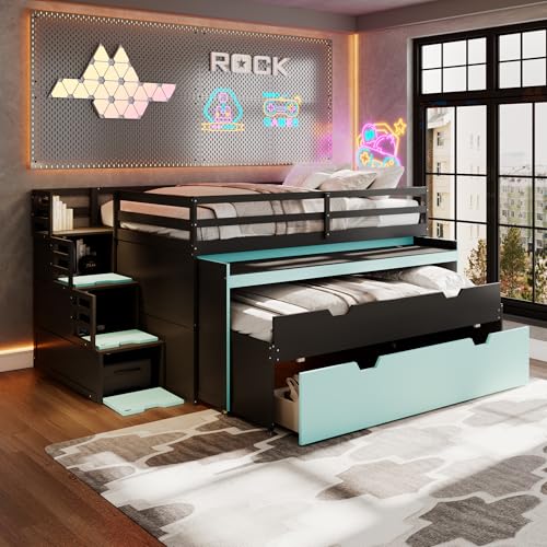 Full XL Loft Bed with Pull-Out Desk and Twin Trundle, 2 Storage Drawers and Storage Steps, Space-Saving Gaming & Workstation Bed Frame with Safety Guardrails for Kids Teens (Black+Blue/Full XL,80)