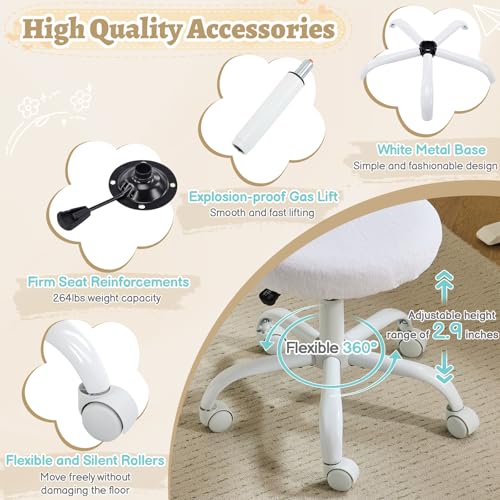 Small Vanity Chair with Faux Fur Wheels for Girls,Cute Adjustable Height Armless Office Desk Chair,360°Swivel Comfy Rolling for Study,Make up Room,Small Space,White