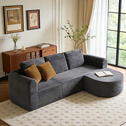 108” Modular Sectional Sofa, Boneless Couches for Living Room, Deep Seat L-Shape Cloud Couch with Chaise, Comfy Sofa Freely Change Configurations No Assembly Required, Soft Plush Corduroy Fabric(Grey)