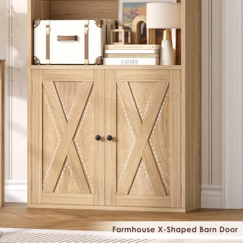 82" Tall Bookcase, Farmhouse Bookshelf with Doors,Light Oak, view 8