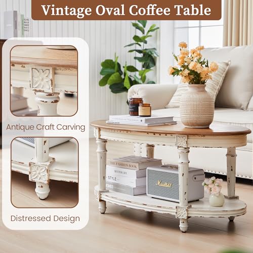 39" French Country Two Tone Oval Coffee Table,Chipped White Vintage 2 Tier Center Table with Storage for Living Room Office,Tool-Free Assembly (White)