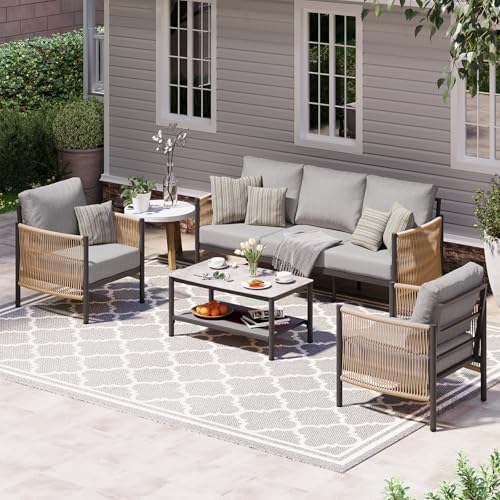 Aluminum Outdoor Patio Furniture Set with Dual-Layer Coffee Table, 4 Piece Modern Patio Conversation Sets with PE Rope, Outdoor Sectional Sofa with Thick Cushions for Balcony, Porch, Gray