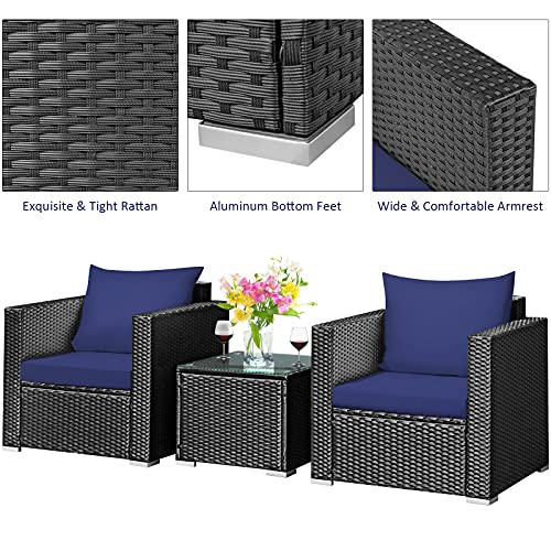 3 Pieces Patio Furniture Set, PE Rattan Wicker Sofa Set w/Washable Cushion and Tempered Glass Tabletop, Outdoor Conversation Furniture for Garden Poolside (Navy Blue)
