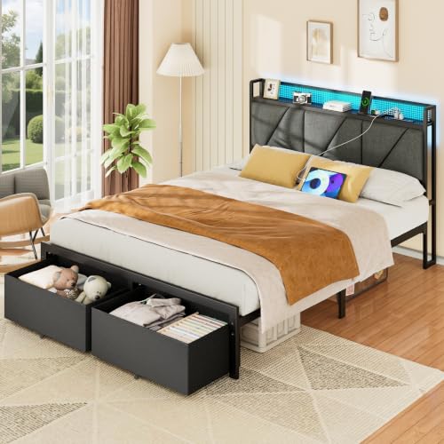 Queen Bed Frame with 2 Storage Drawers & Upholstered Headboard, view 7