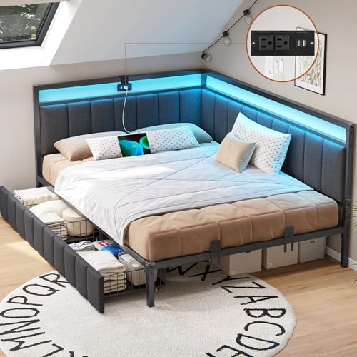 Corner Bed Frame with Drawers and Lighting Gray, view 2