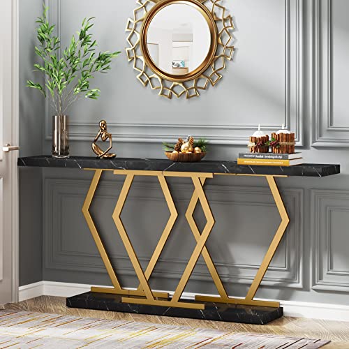 Tribesigns 70.9 Inch Extra Long Sofa Table,Black and Gold Console Table with Faux Marble Tabletop, Modern Long Entryway Table with Gold Frame