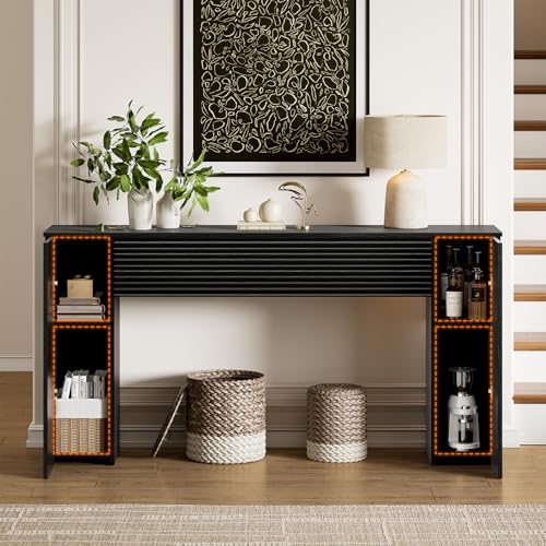61” Fluted Long Console Table with 2 Hidden Storage Cabinets, Black | Wooden Rectangular Sofa Table, Behind the Couch, Narrow Entryway Table for Entrance, Hallway, Living Room, Foyer
