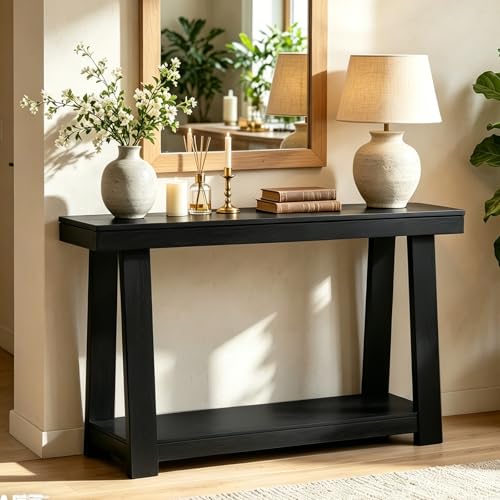 Black Console Table, 43.5 Inch Narrow Black Entryway Table with 2-Tier Storage, 500lbs Heavy Duty Sofa Table Behind Couch, Hallway Entry Table for Small Spaces, Living Room & Foyer